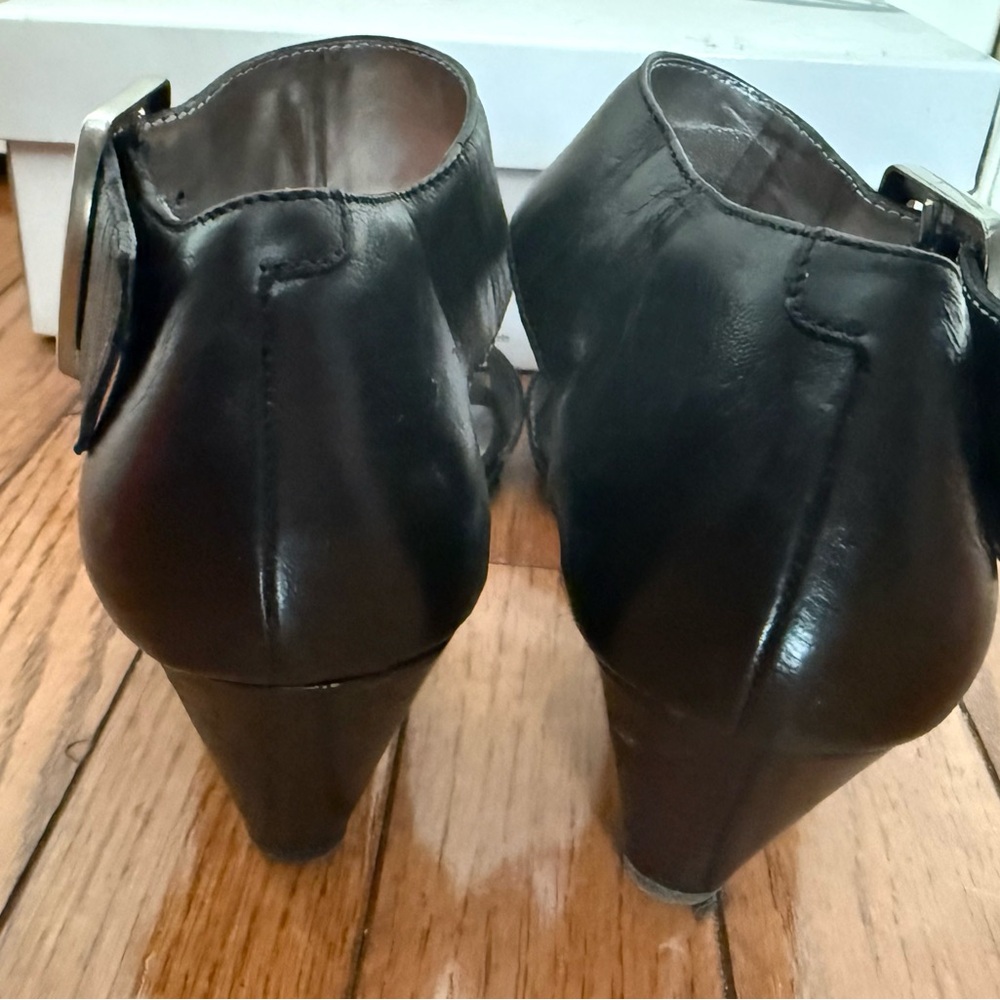 Nine West Black Leather Wedge Sandals with Buckle Accent - Picture 5 of 8